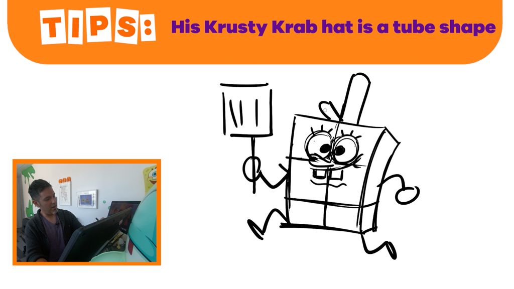 Animator draws SpongeBob on a drawing tablet. On-screen tip reads: his krusty krab hat is a tube shape.