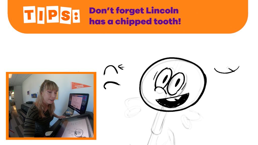 Animator draws Lincoln Loud on a drawing tablet. On-screen tip reads: don't forget Lincoln has a chipped tooth.