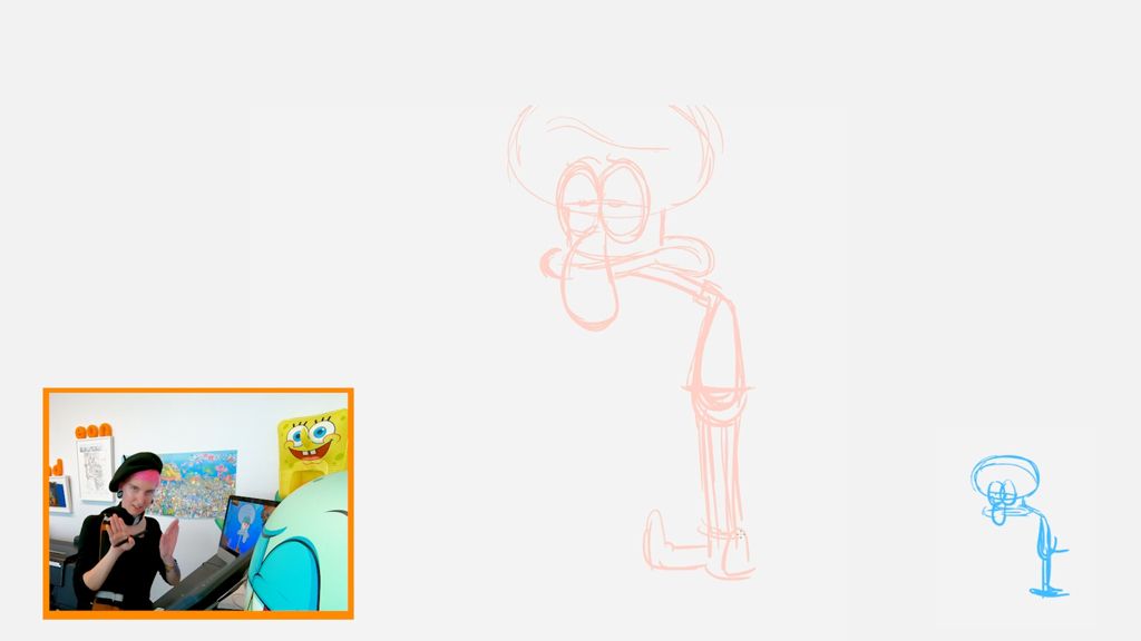 Animator draws Squidward on a drawing tablet. On-screen tip reads: squidward has four suction pods on the bottom of his tentacles.