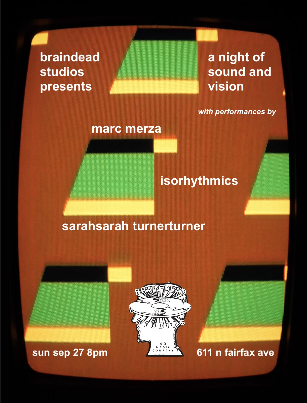 Poster for Marc Merza, Isorhythmics, Sarahsarah Turnerturner live