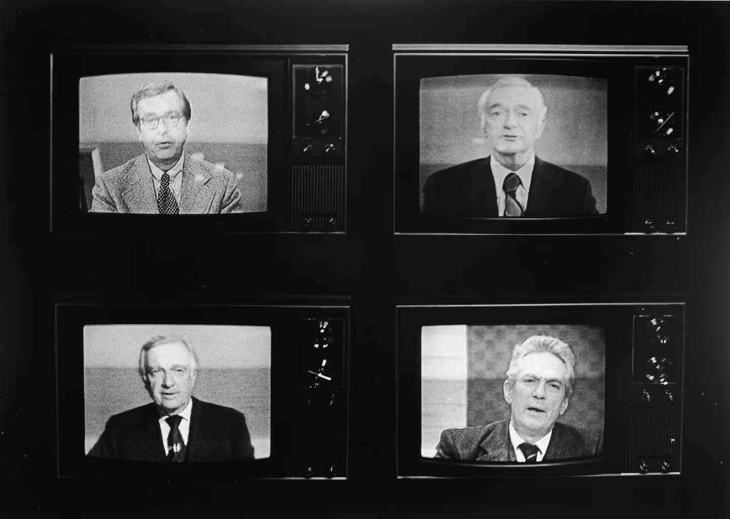 Actor Peter Finch (bottom right) appears on a television screen with television commentators (clockwise) John Chancellor, Howard K. Smith, and Walter Cronkite in a still from the film, "Network," directed by Sydney Lumet, 1976.