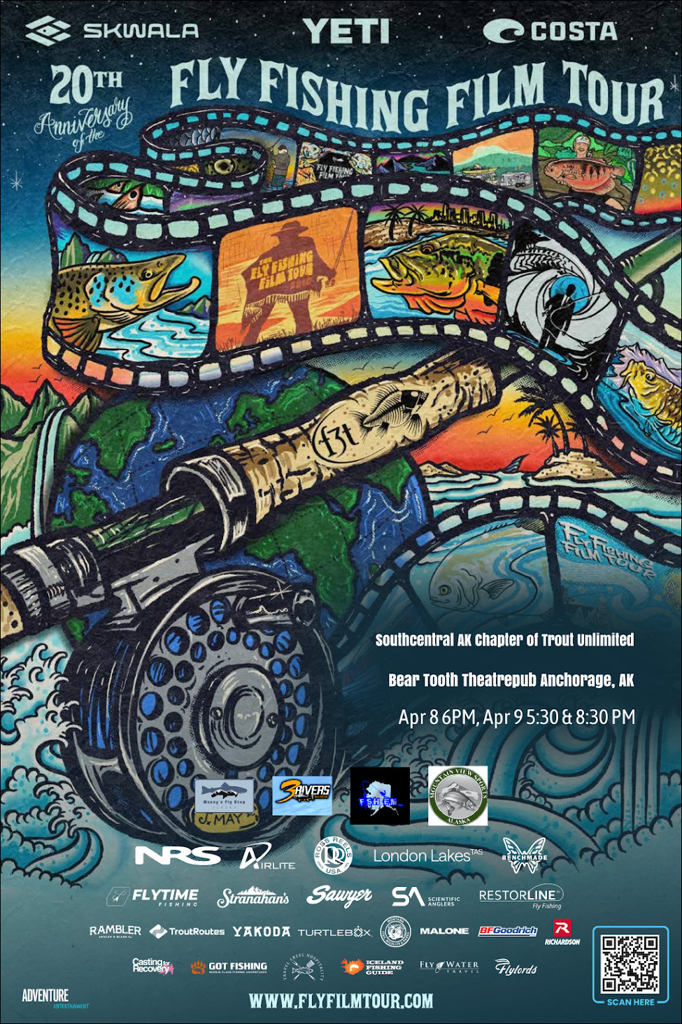 Poster for Fly Fishing Film Tour 20th Anniversary ~ Presented by the Southcentral Alaska Chapter of Trout Unlimited