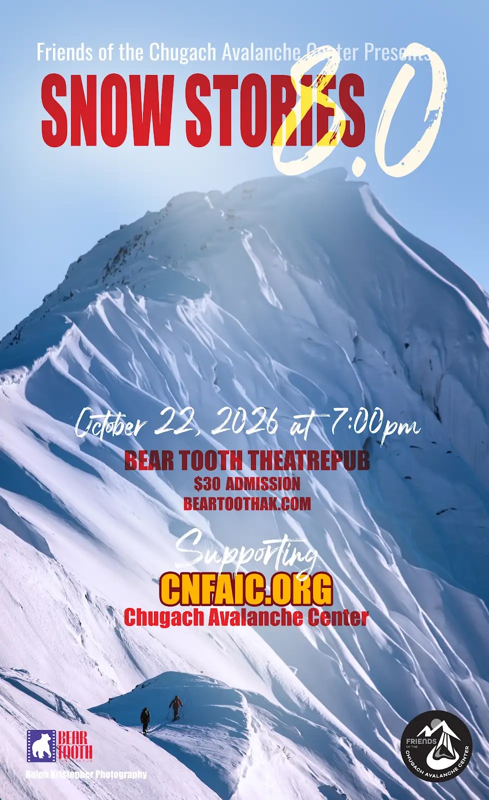 Poster for Snow Stories 8.0 ~ Presented by Friends of the Chugach Avalanche Center