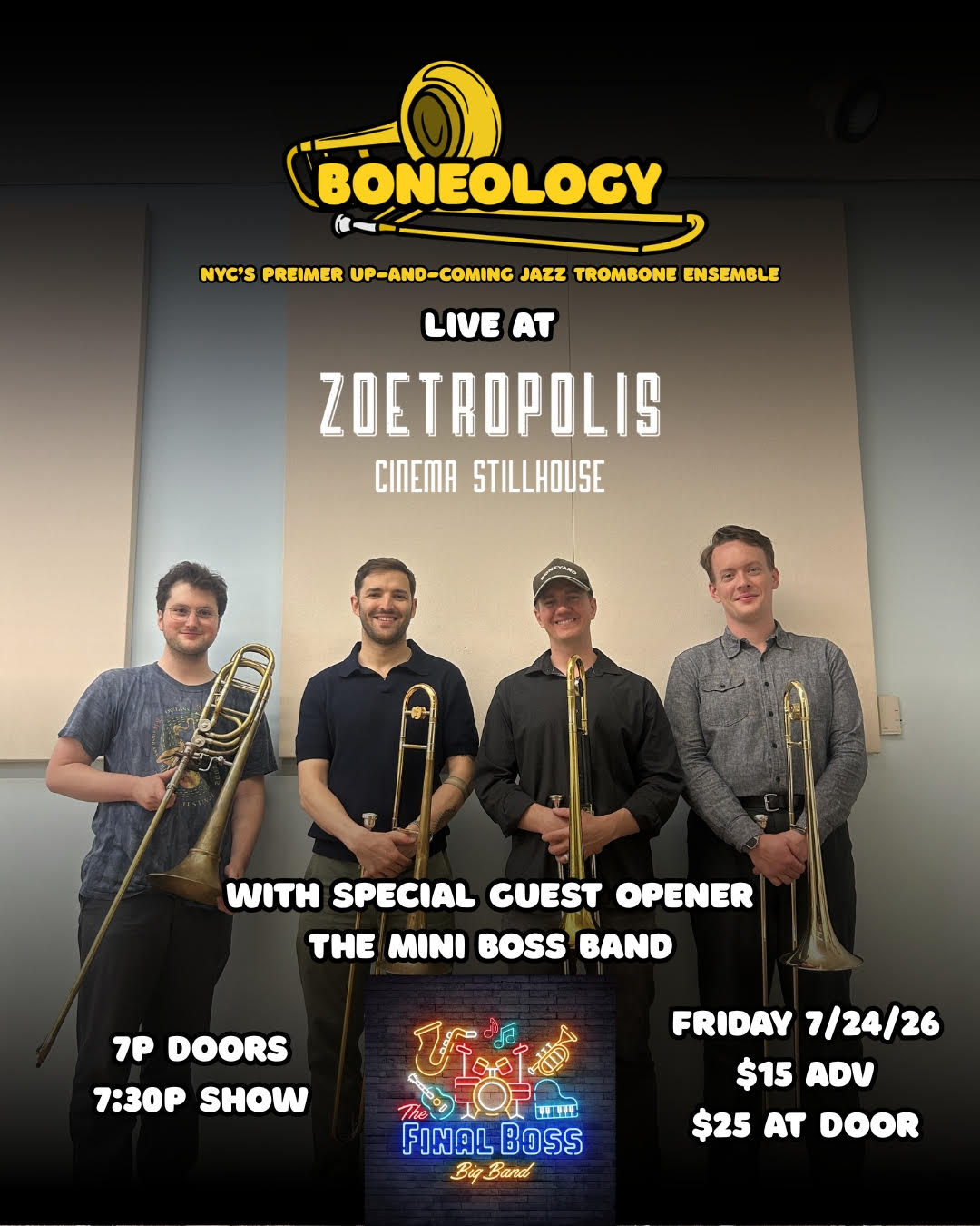 Poster for Boneonolgy: NYC’s Premier Up-and-Coming Jazz Trombone Ensemble feat. The Mini Boss Band
