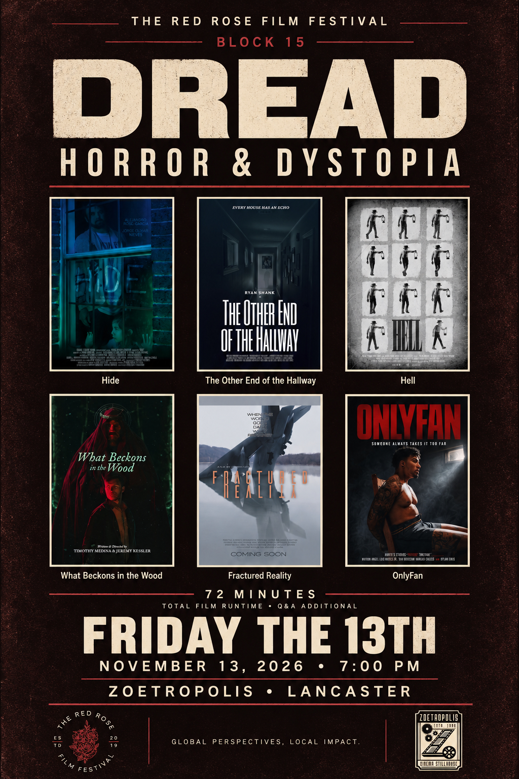 Poster for 2026 Red Rose Film Festival: Dread: Horror & Dystopia