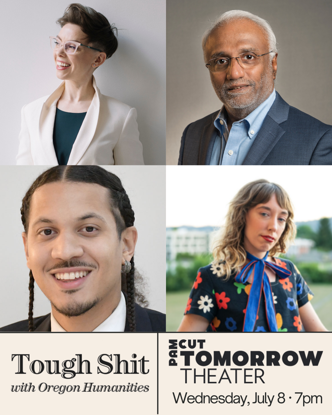 Poster for Tough Shit with Oregon Humanities: Featuring Sankar Raman, JT Flowers, Kayla Kennett, and Georgia Lee Hussey