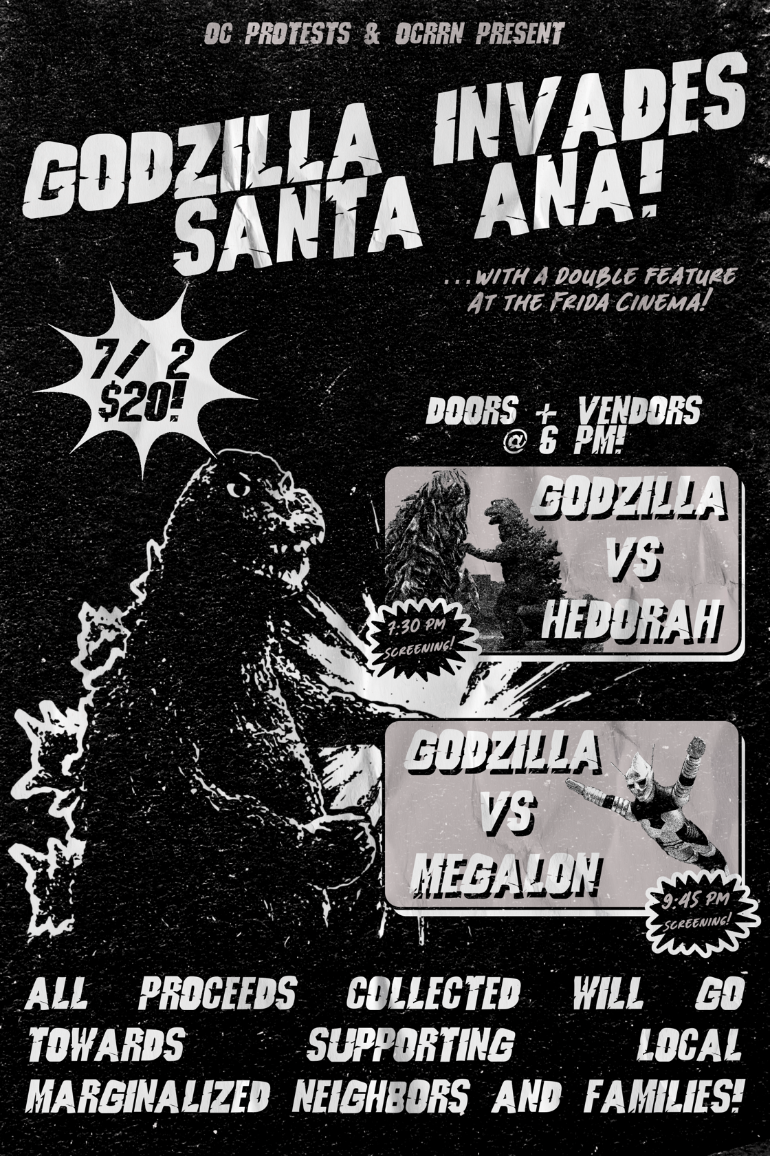 Poster for Godzilla vs. Hedorah + Godzilla vs. Megalon Double Feature: Hosted by OC Protests & OCRRN