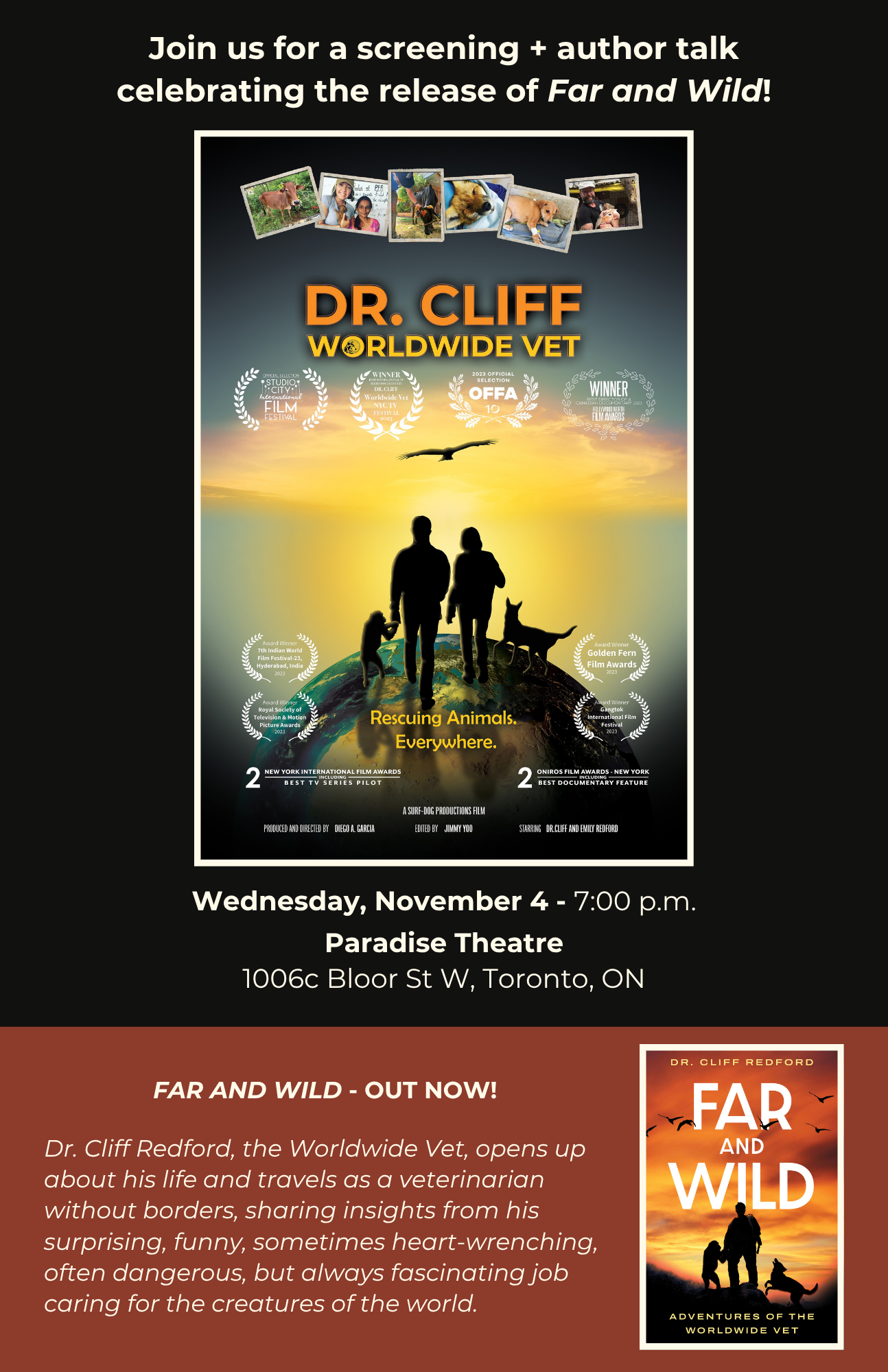Poster for Dr. Cliff Worldwide Vet + Far and Wild Book Launch!
