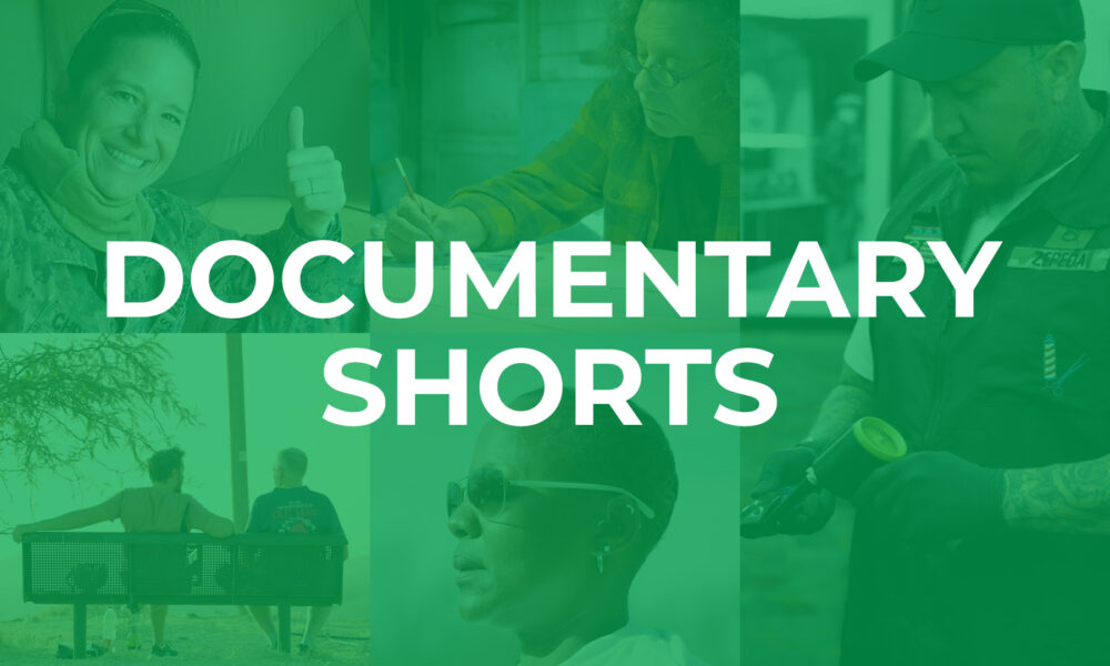 green graphic with various imagery of people. white lettering reads: Documentary Shorts