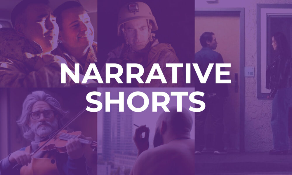 purple graphic with various imagery of people. white lettering reads: Narrative Shorts