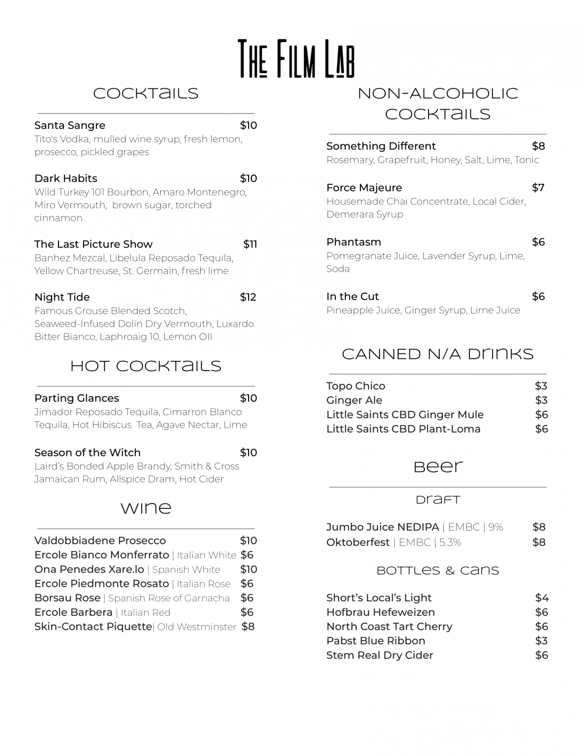 Bar Menu The Film Lab