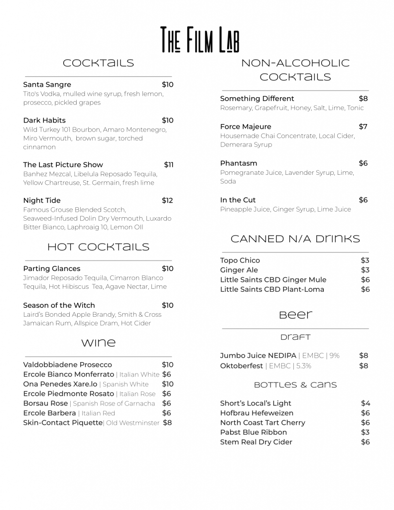 Bar Menu The Film Lab