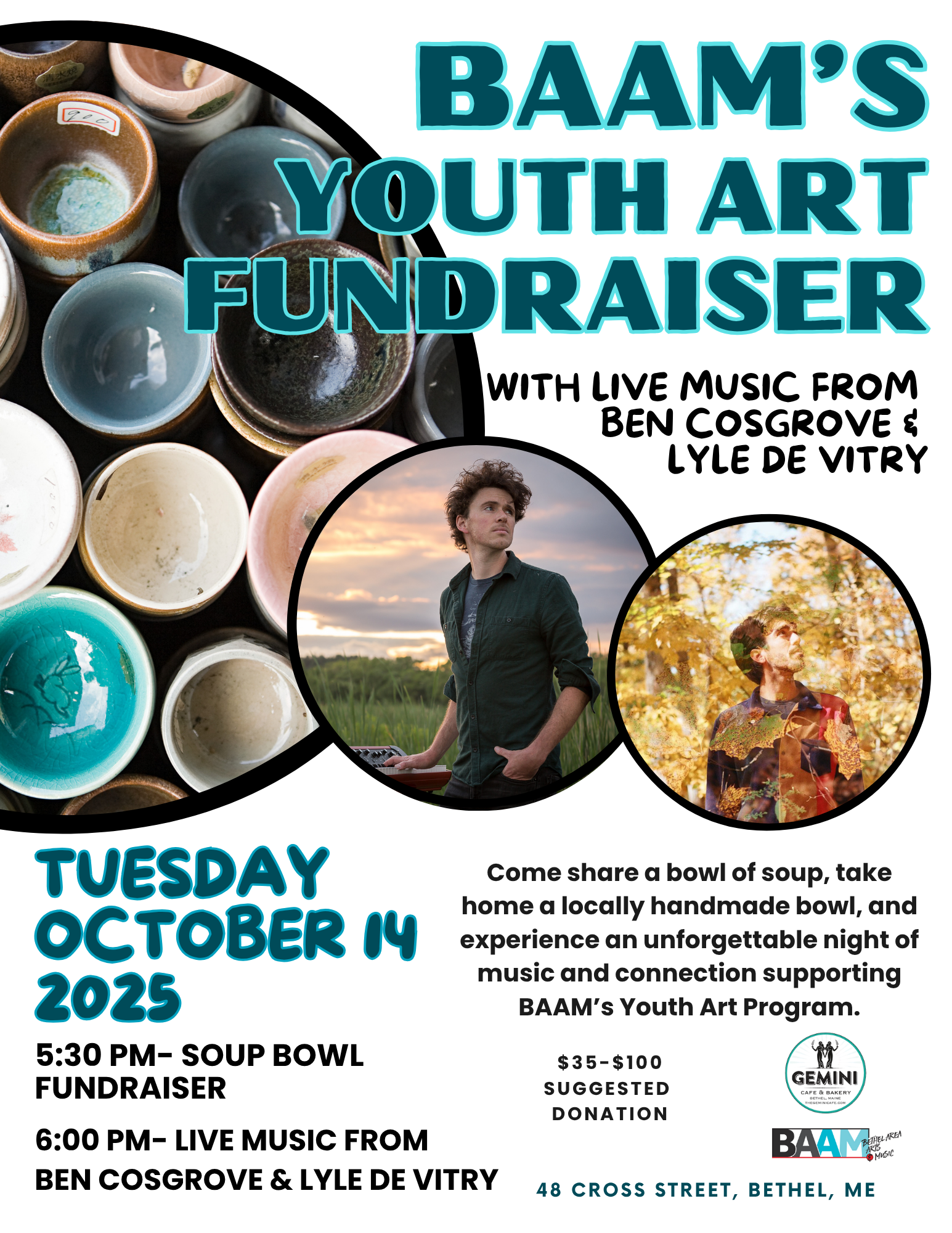 Poster for BAAM’s Youth Art Fundraiser with live music from Lyle de Vitry & Ben Cosgrove