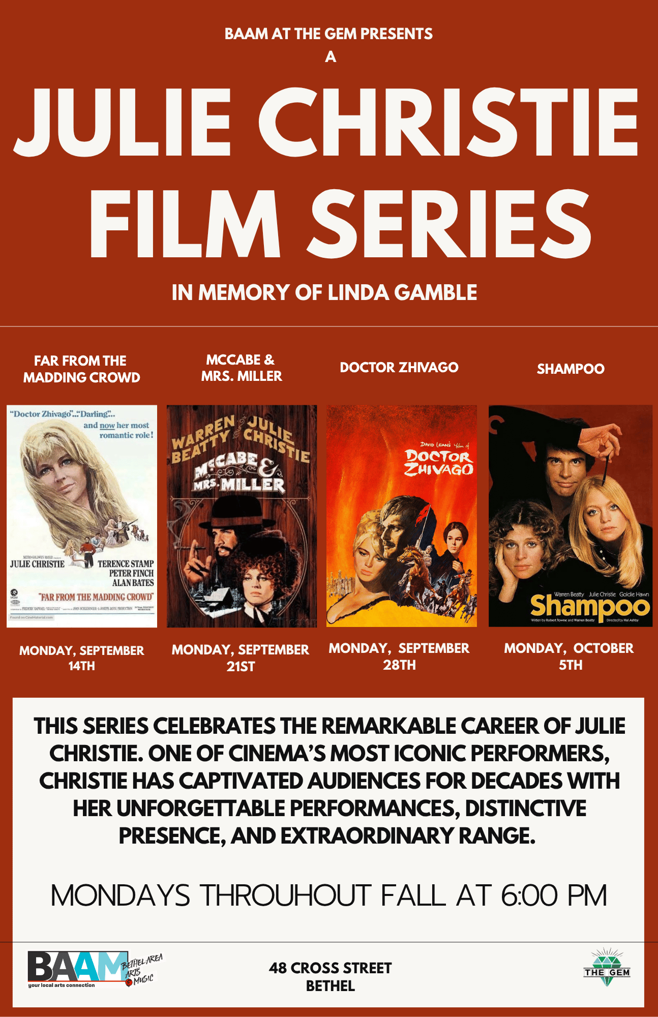 Poster for BAAM at The Gem Presents a Julie Christie Film Series