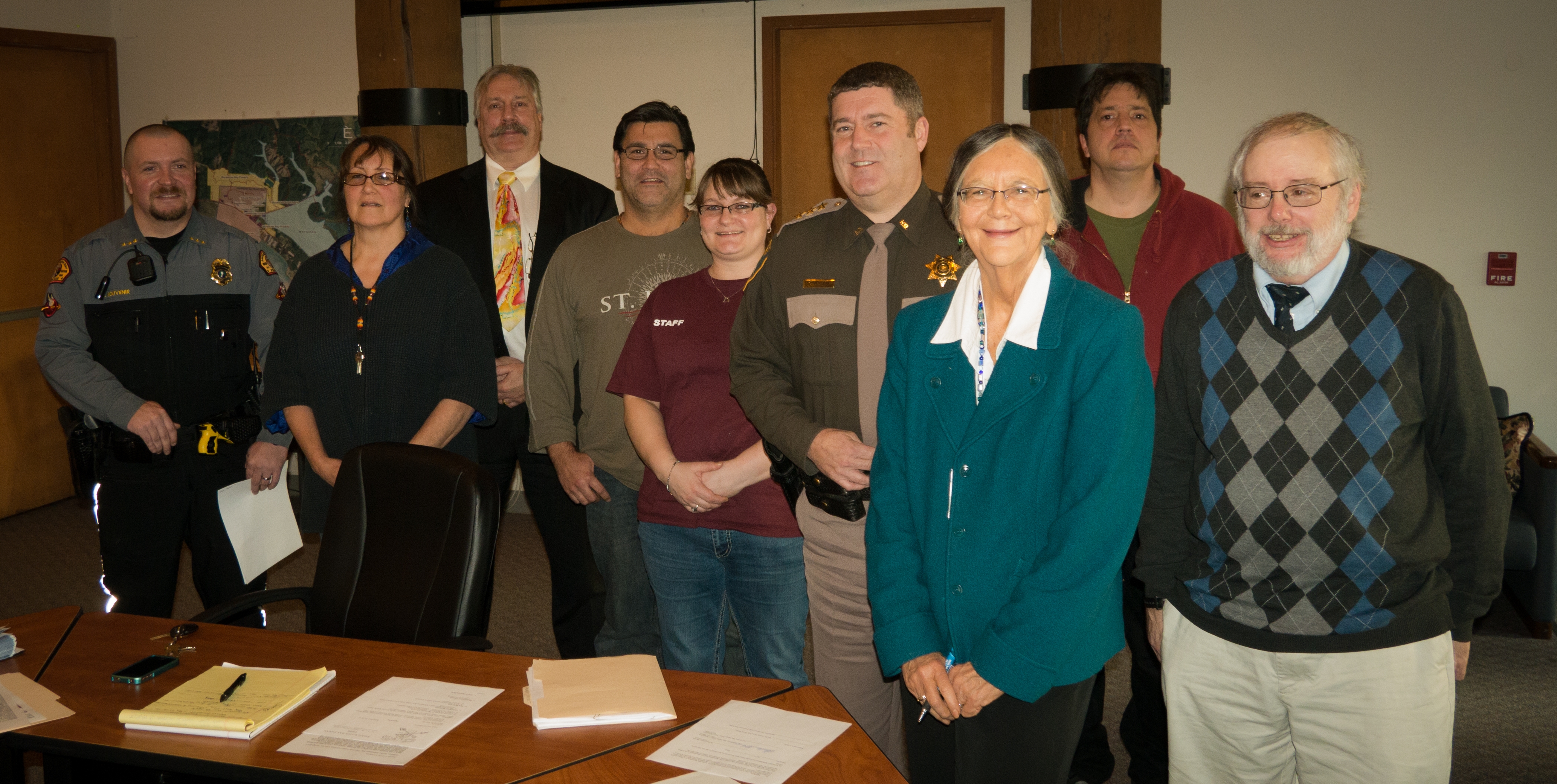 Pictured from left to right: Shoalwater Bay Police Chief Robin Souvenir, Secretary Lynn Clark, Tribal Prosecutor Tim Rybka, Tribal Vice Chairman Monty Baker, Tribal member at large Jennifer Taylor, Pacific County Sheriff Scott Johnson, Tribal Chairperson Charlene Nelson, Tribal Treasurer Tom Anderson and Pacific County Prosecutor David Burke.