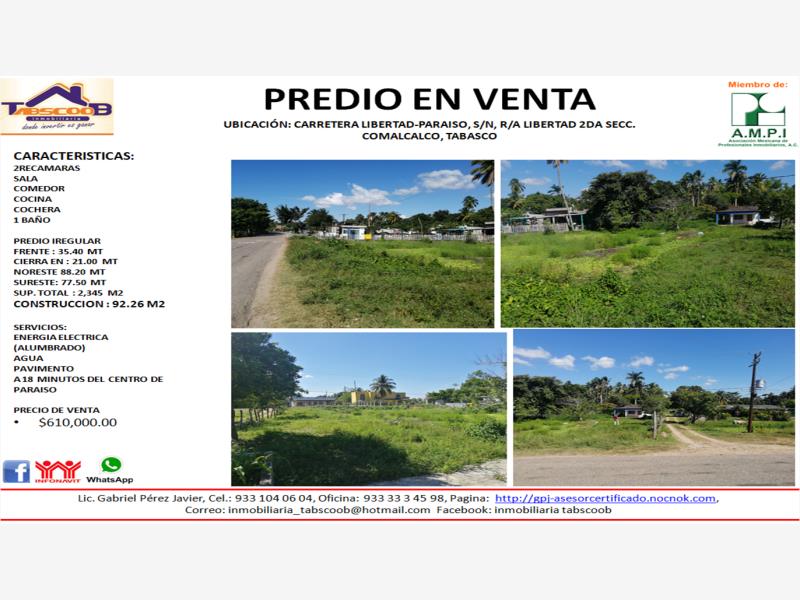 Terreno en venta en Libertad 1ra. Sección (El Chivero), Paraíso — foto 1 de 7