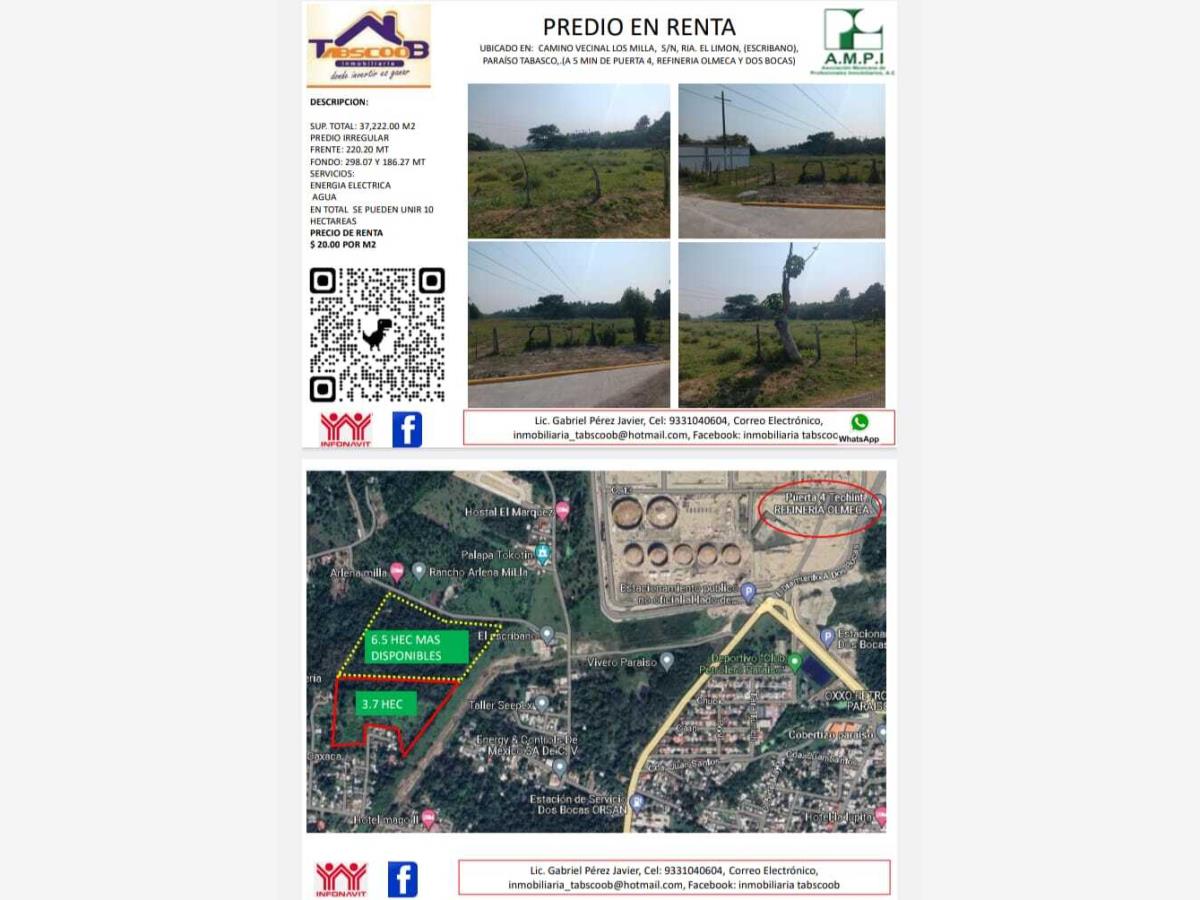 Terreno en renta en El Escribano, Paraíso — foto 1 de 7
