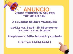 Terreno en La Asunción (San Francisco Totimehuacan), Puebla, Puebla
