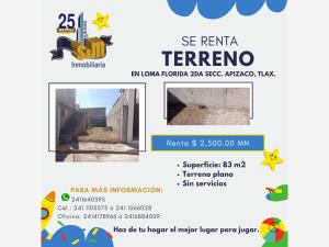 Terreno en renta en Loma Florida 2a Secc, Apizaco, Tlaxcala