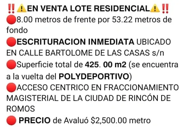 Terreno en venta en Magisterial, Rincón de Romos, Aguascalientes