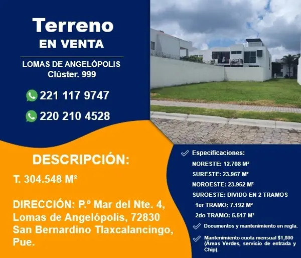 Terreno en Lomas de Angelópolis, San Andrés Cholula, Puebla