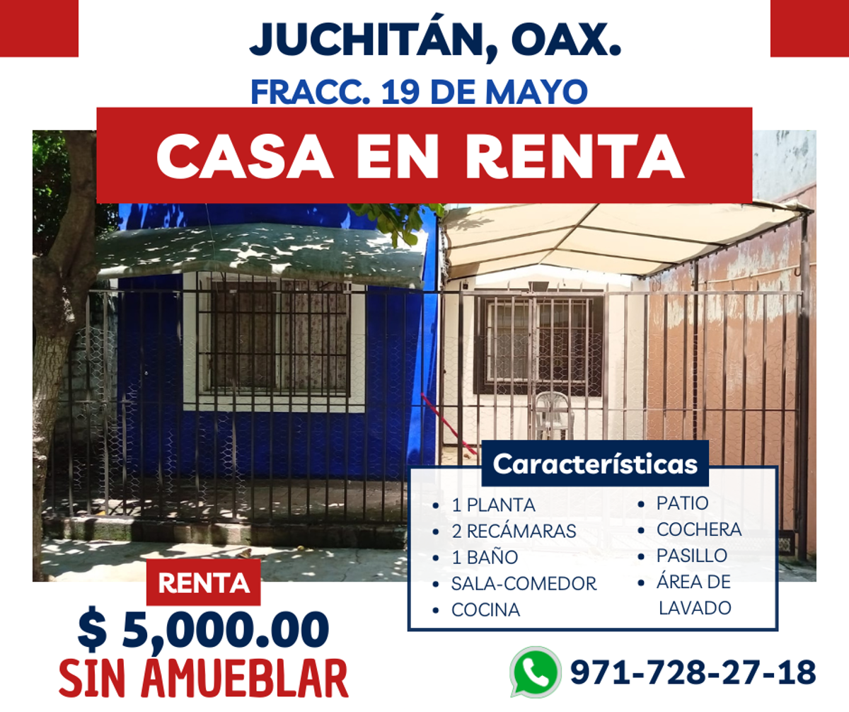 Casa en renta en 19 de Mayo Fovissste, Juchitán de Zaragoza — foto 1 de 10