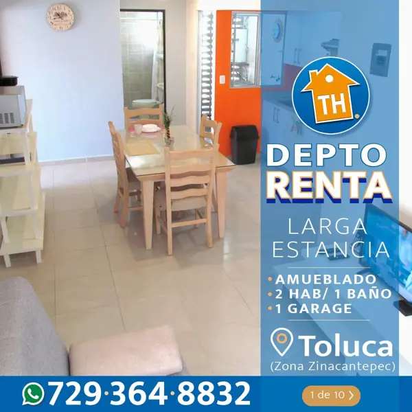 #Renta #departamento #Amueblado con servicios* y garage en #Toluca (Zona Zinacantepec)