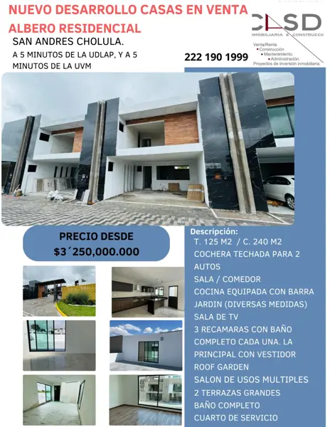 Nuevo Desarrollo Casas en Venta Ubicadas en San Andres Cholula