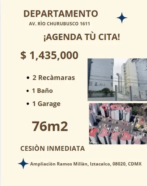 DEPARTAMENTO EN AV. RÌO CHURUBUSCO CESIÓN INMEDIATA