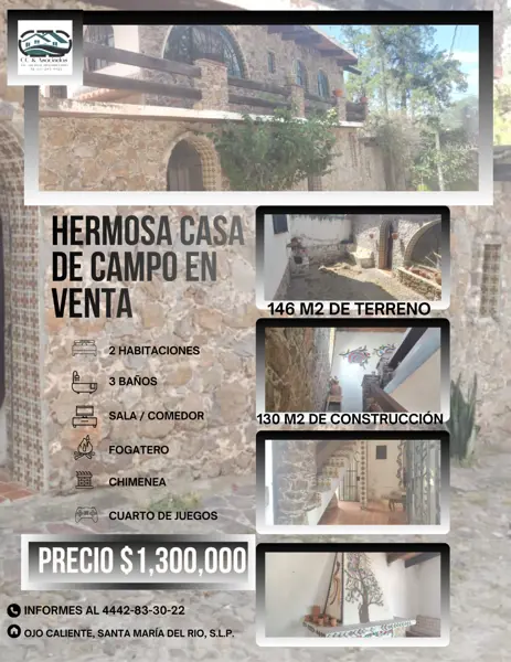 Venta de hermosa casa de campo en Ojo Caliente, Santa María del Río.

$1,300,000.00