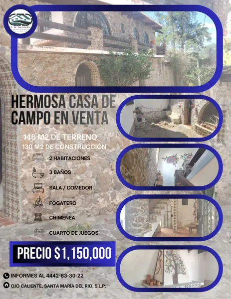 Venta de hermosa casa de campo en Ojo Caliente, Santa María del Río.

$1,150,000.00