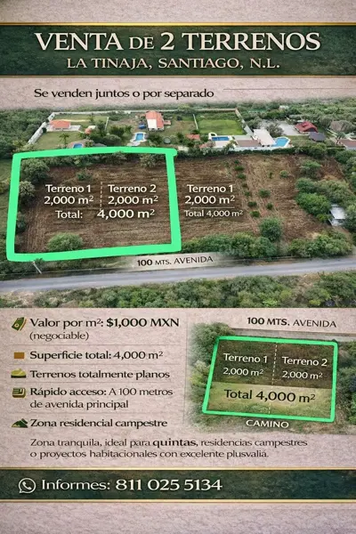VENTA DE 2 TERRENOS – LA TINAJA, SANTIAGO, N.L. VENTA DE 2 TERRENOS – LA TINAJA, SANTIAGO, N.L.