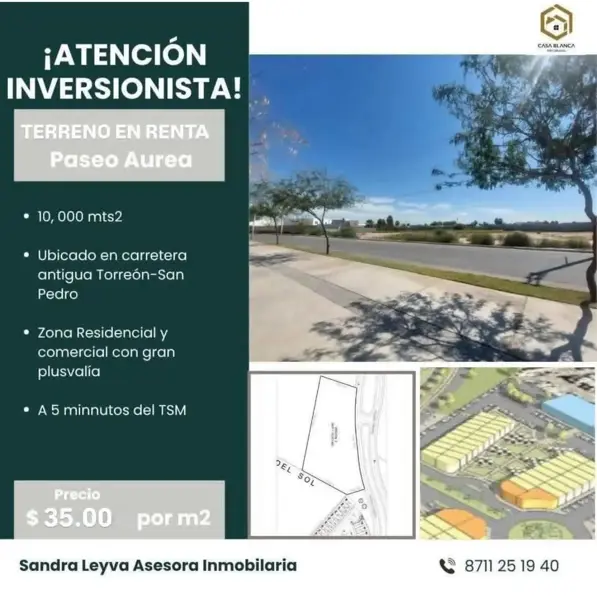 Atención inversionistas, rento terreno con ubicación estratégica sobre Paseo Áurea