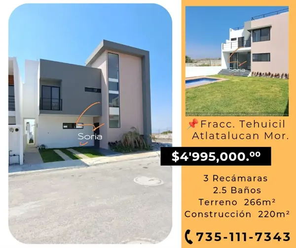 CASA EN FRACCIONAMIENTO EL TEHUICIL ATLATLAUCAN MORELOS  
Seguridad las 24HRS