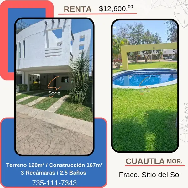 CASA EN RENTA CUAUTLA MORELOS 
FRACCIONAMIENTO SITIO DEL SOL