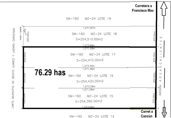 Terreno en Venta, 76.39 Has, OPORTUNIDAD/ESCRITURADO, Carretera Cancún-Francisco May, Cancún Terreno en Venta, 76.39 Has, OPORTUNIDAD/ESCRITURADO, Carretera Cancún-Francisco May, Cancún