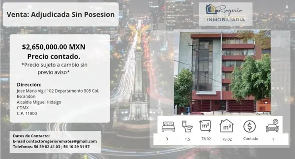Departamento en Venta Col. Escandón | 3 Rec. | Oportunidad de Inversión Directa