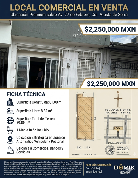 Local comercial sobre Av. 27 de Febrero, zona de alto tráfico vehicular y peatonal.