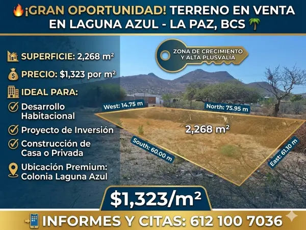 ¡ATENCIÓN INVERSIONISTAS! TERRENO AMPLIO EN LAGUNA AZUL - LA PAZ BCS.??