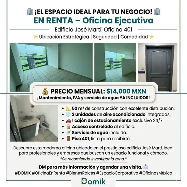 EN RENTA - Oficina en Edificio José Martí, Cuarto Piso 401 - $14,000 MXN