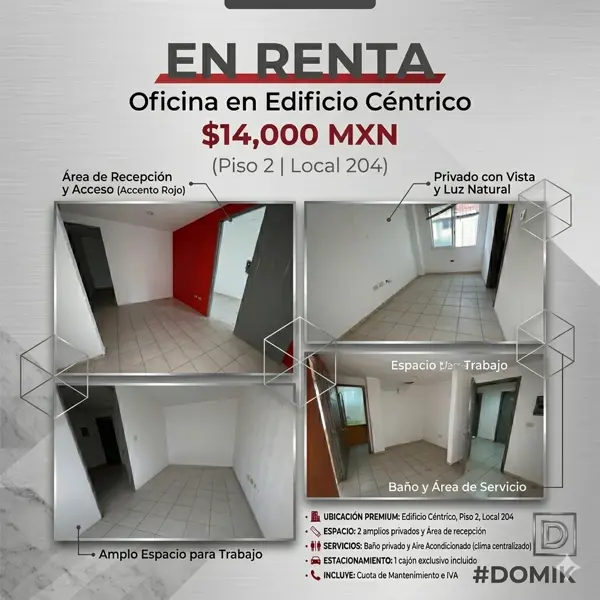 EN RENTA - Bonita oficina en Edificio Céntrico, 2do piso (204) - $14,000 MXN