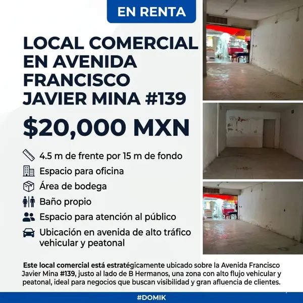 EN RENTA - Local comercial en Avenida Francisco Javier Mina #139 - $20,000 MXN