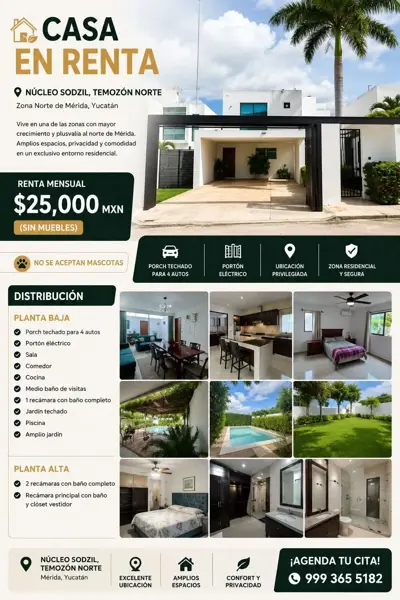 Casa en Renta en Temozón Norte, Mérida – 4 Recámaras y Piscina