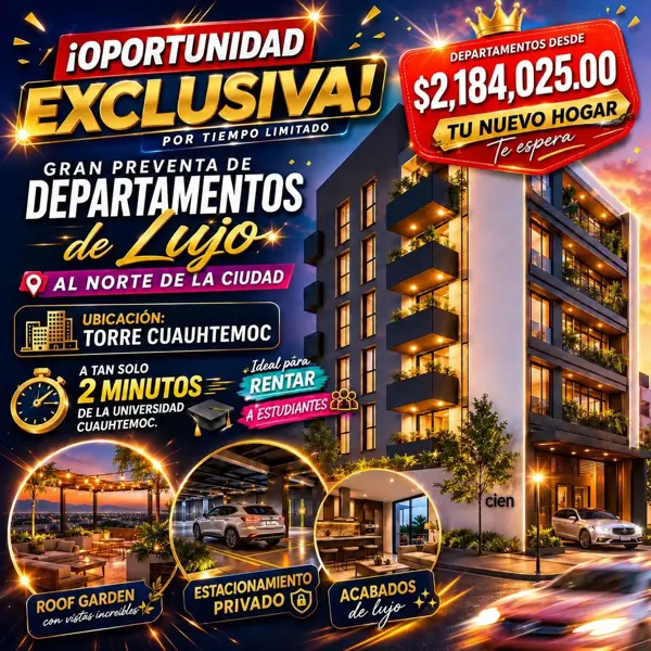 PREVENTA DE DEPARTAMENTOS A UNOS PASOS DE LA UNIVERSIDAD CUAUHTEMOC.