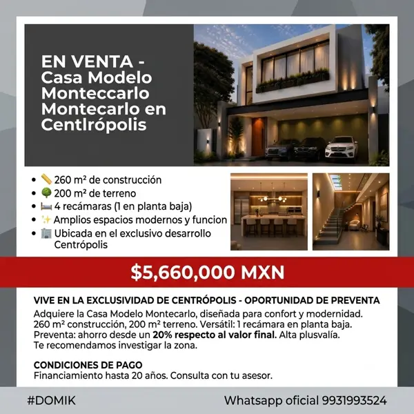 EN VENTA - Casa Modelo Montecarlo en Centrópolis - $5,660,000 MXN