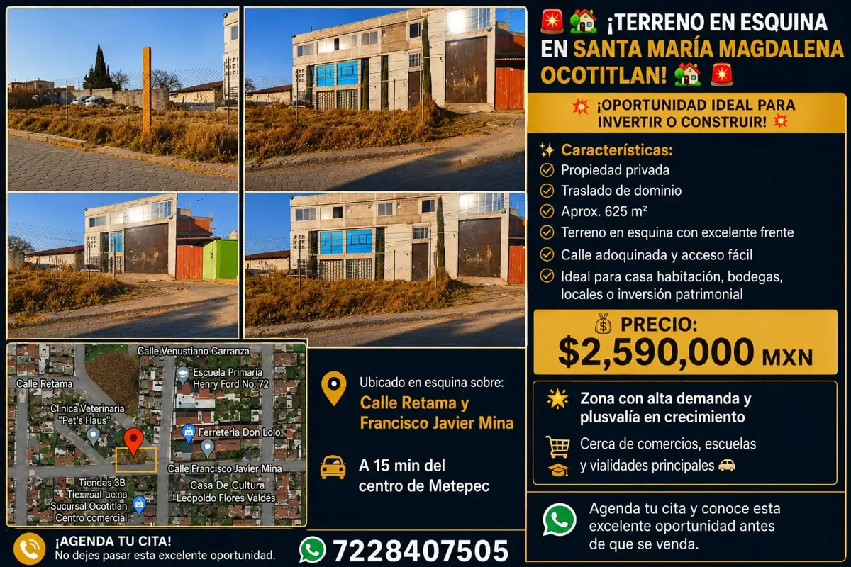 Terreno en venta en Santa Maria Magdalena Ocotitlan, Metepec