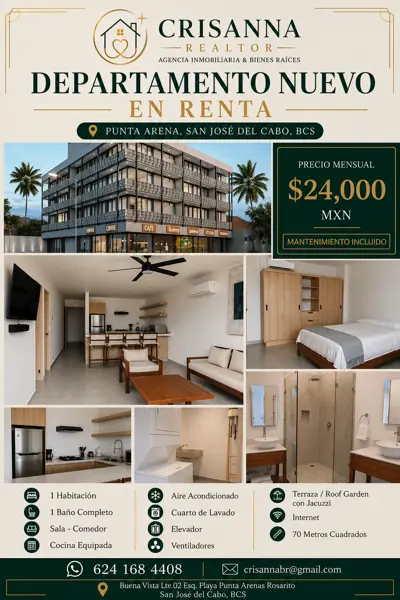 Estrena Departamento de Lujo Amueblado | Punta Arena | San José del Cabo| Roof Garden y Jacuzzi