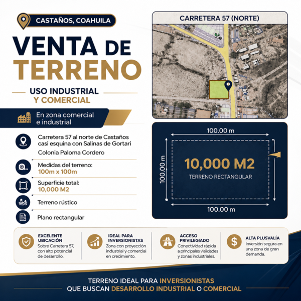 TERRENO INDUSTRIAL Y COMERCIAL EN VENTA SOBRE CARRETERA 57, CASTAÑOS, COAHUILA