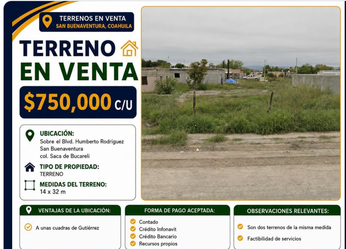 Terreno en venta en Ejido Saca de Bucareli, San Buenaventura