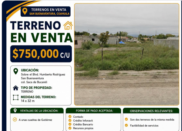 TERRENOS EN VENTA EN COLONIA SACA DE BUCARELI, SAN BUENAVENTURA, COAHUILA
